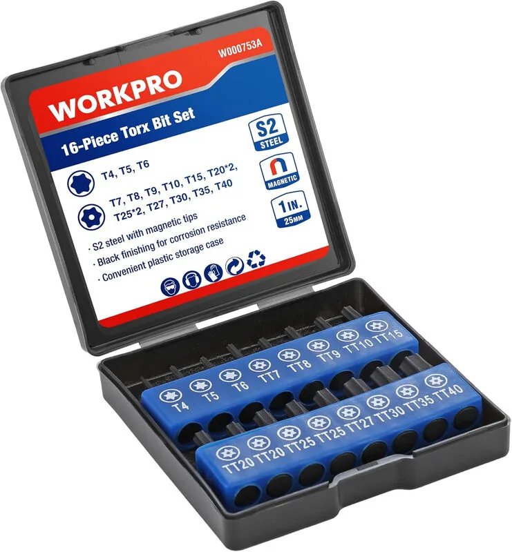 WORKPRO 16-delige schroevendraaierbitset, Torx-bitset van S2-staal (25 mm), magnetische Torx-bits met bithouder, universele 6,35 mm zeskantassen, precisie bewerkt, inclusief opbergdoos. von Workpro – Produktbild