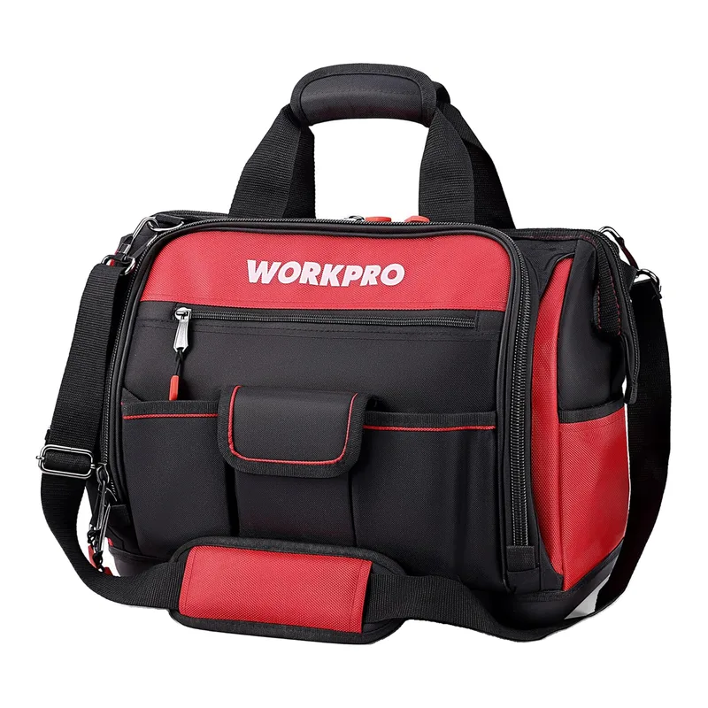 WORKPRO 16 inch zware gereedschapskoffer 42 x 24,5 x 34 cm | 1680D polyester stof, waterdichte harde bodem, breed open mondstuk, 39 vakken met elastiek en haak, schouderband von Workpro – Produktbild