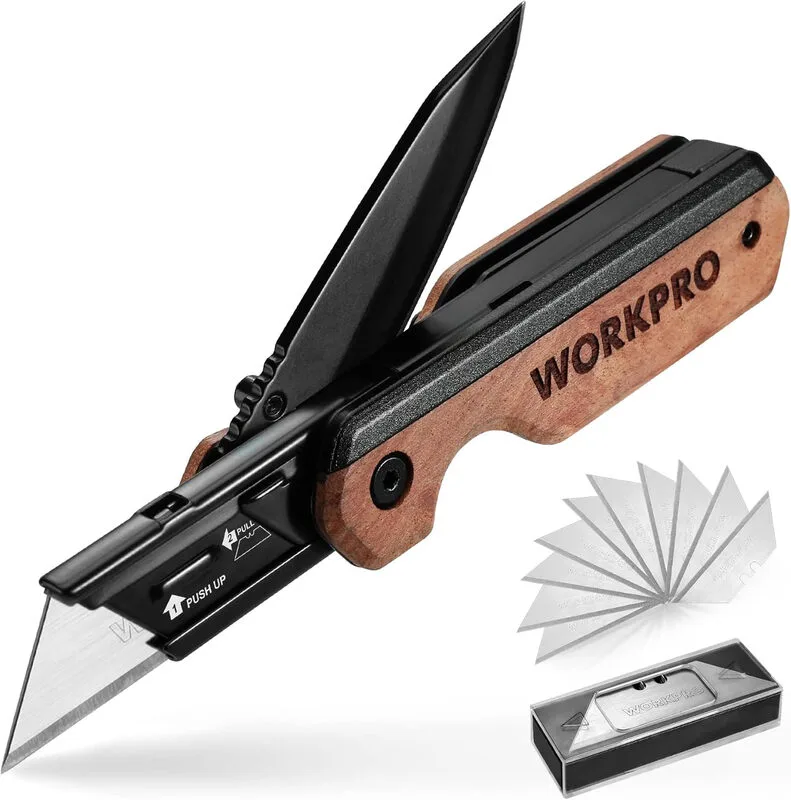WORKPRO 2-in-1-Aluminium-Taschenmesser, klappbares Universalmesser mit Holzgriff und Gürtelclip, Liner-Lock, Schnellwechsel, inklusive 10 zusätzlicher Klingen de Workpro – image du produit