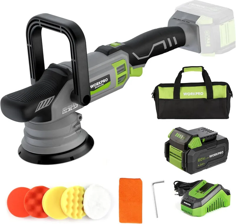 WORKPRO 20 V Akku-Poliermaschine, kabelloser Autopolierer mit 7 Geschwindigkeitsstufen (2000–5000 U/min), 1 x 4,0 Ah Akku, Doppelte Wirkung, mit Aufbewahrungstasche, für Auto, Böden, Fliesen från Workpro – produktbild
