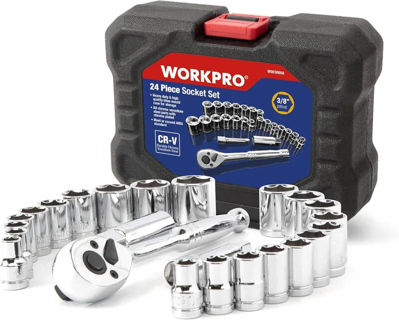 WORKPRO 24-delig Steeksleutelset 3/8" Ratel 11 Metrisch 10 SAE Verlengstuk Bougiedop Koffer van Workpro – productafbeelding