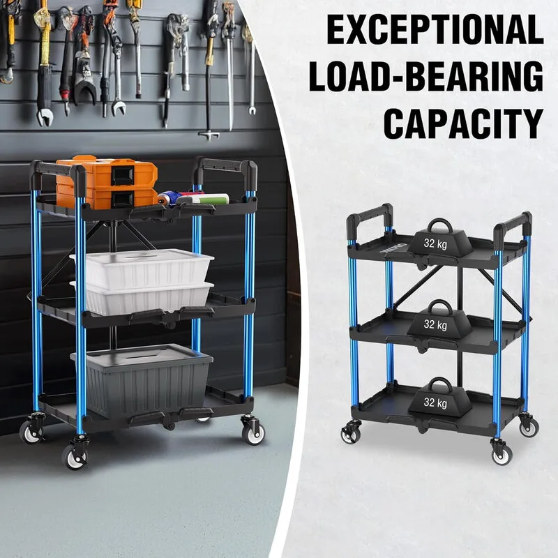 WORKPRO 3-laags opvouwbare serveerwagen met wielen | 96 kg draagvermogen, draagbare multifunctionele wagen, montage niet nodig, garage, magazijn, thuis, restaurant, kantoor, gereedschapswagen de Workpro – image du produit