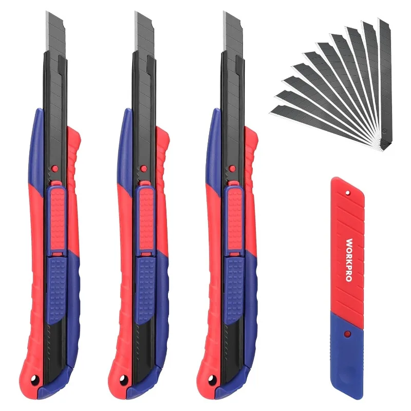 WORKPRO 3-teiliges Cuttermesser-Set, 9 mm, 10 SK5 Ersatzklingen, 2-in-1 Profi Cuttermesser mit Komfortgriff fra Workpro – produktbillede
