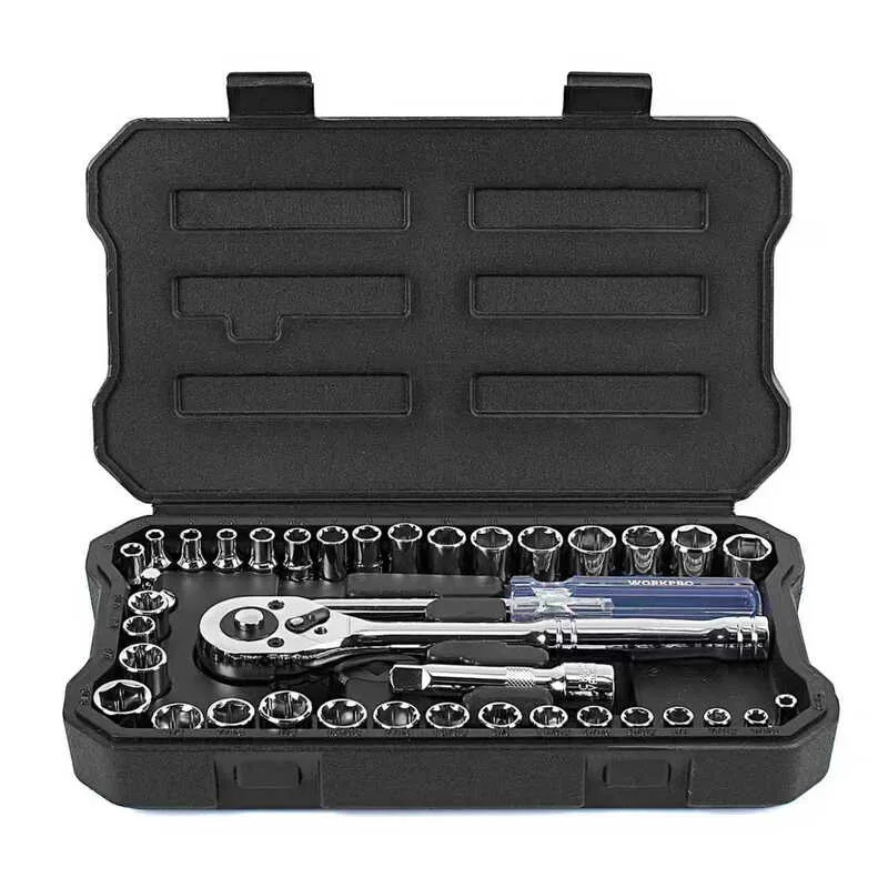WORKPRO 39-teiliger 1/4-Zoll- und 3/8-Zoll-CR-V-Steckschlüsselsatz, SAE/metrisch, Vatertagsgeschenk, mit Schnelllöse-Ratschenschlüssel, kompakt für Autoreparaturen van Workpro – productafbeelding