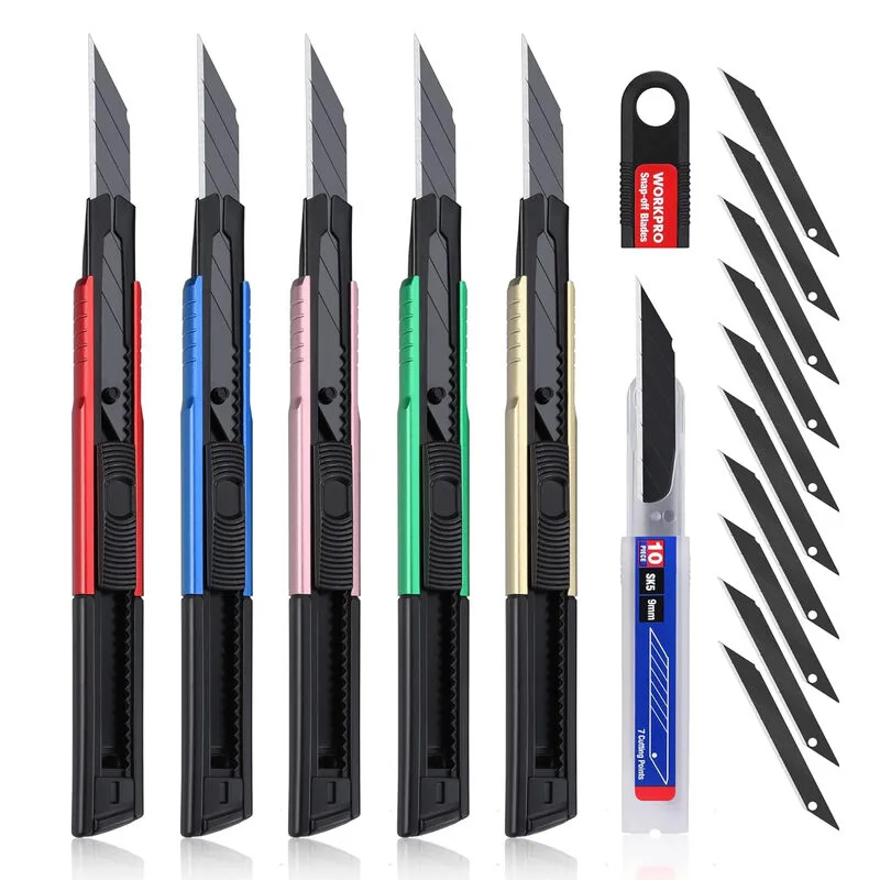 WORKPRO 5-Stück Cuttermesser Set 9 mm Aluminium 10 Abbrechklingen Pro Portabel Einziehbar de Workpro – image du produit