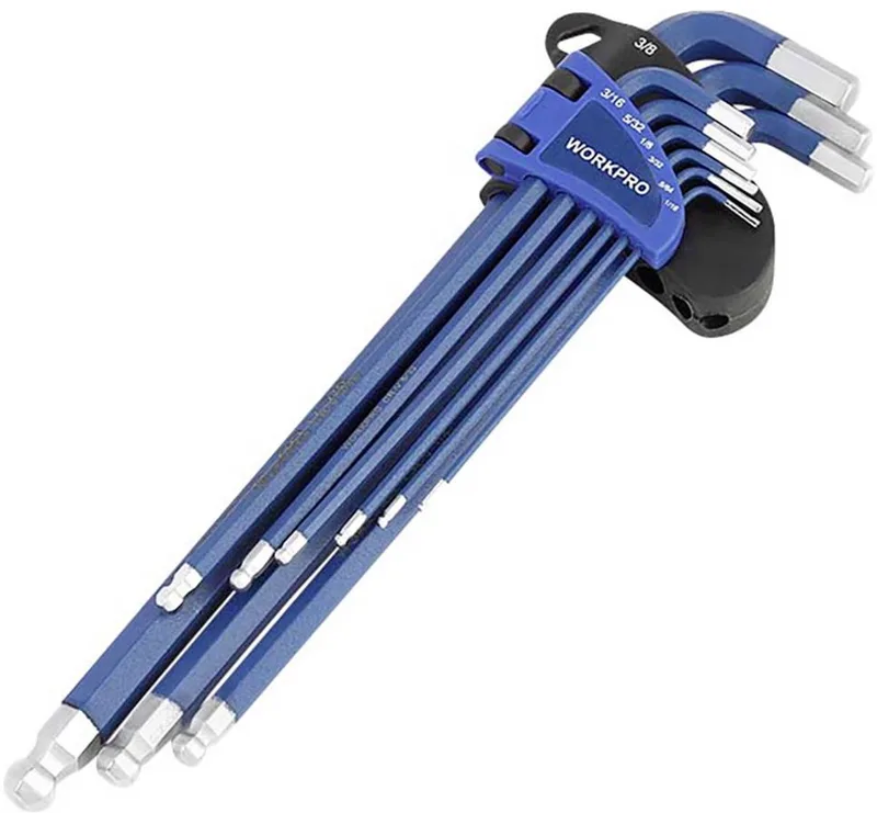 WORKPRO 9-delige lange inbussleutelset met kogelkop– Hex Sleutelset – metrisch (1.5 t/m 10 mm)– gemaakt van gehard en getemperd chroom-vanadiumstaal – voor professioneel gebruik van Workpro, Kleurloos – productafbeelding