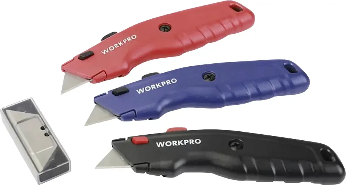 WP200005WE Cutter 3 stk de Workpro, Rouge, Bleu, Noir – image du produit