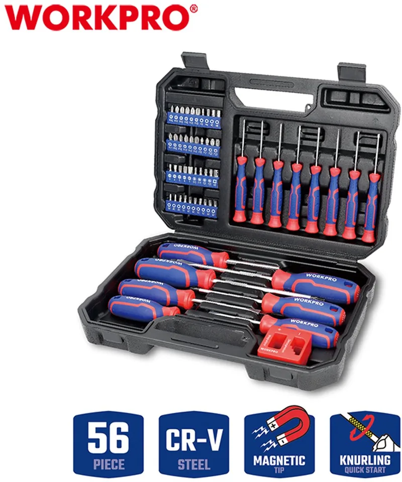 WP200518 Schroevendraaierset – 56-delig – Magnetisch – CR-V – Met Bits, Magnetizer & Opbergkoffer by Workpro, Red – product image