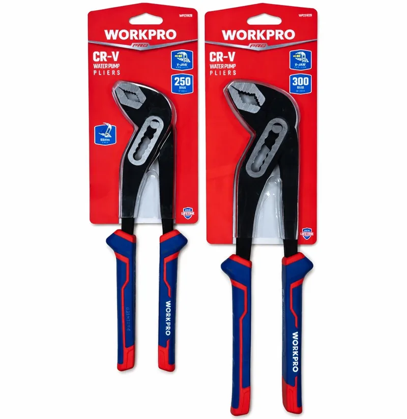 WP201041 Waterpomptang Set 2 delig 250 mm en 300 mm CR V V bek Drukknopverstelling Voordeelset de Workpro, Bleu – image du produit