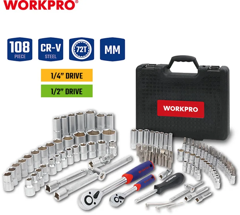 WP202535 Dopsleutelset 1/2 en 1/4 CR-V 108-delig in koffer by Workpro, Black – product image