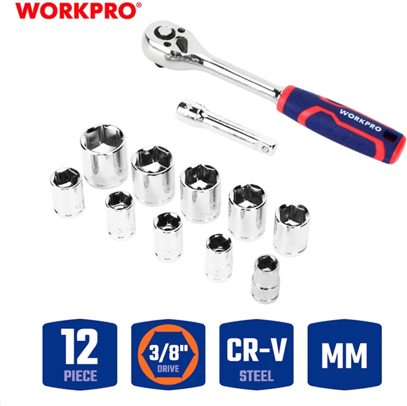 WP202557 Dopsleutelset 3/8 CR-V 12-delig met ratel en verlengstuk by Workpro, Blue – product image