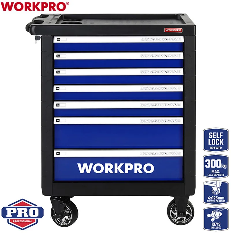 WP209074 gereedschapswagen met 7 laden gevuld met 193 delige gereedschapsset de Workpro, Bleu – image du produit 1 sur 2