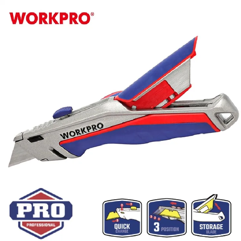 WP213014 Uitschuifmes met SK5 Staal Snelwissel Werkmes Inclusief 5 Mesjes Veiligheidsmes met Messenopberger in Handvat Stanleymes de Workpro, Bleu – image du produit