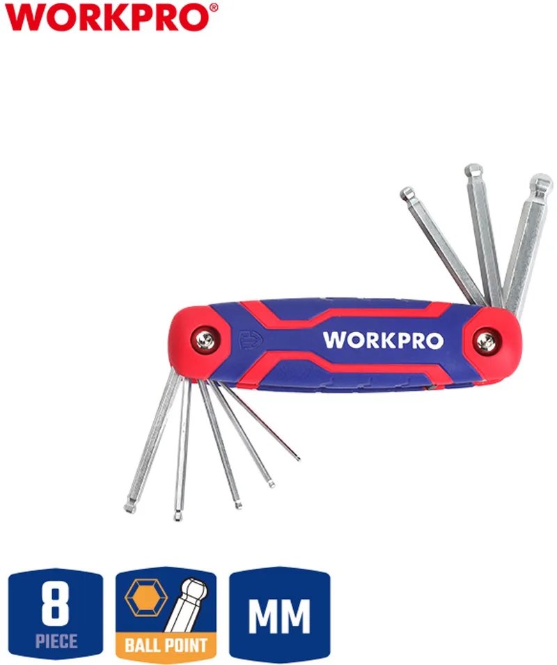 WP222020 Inbussleutelset kogelkop CR-V 8-delig uitvouwbaar van Workpro, Rood – productafbeelding