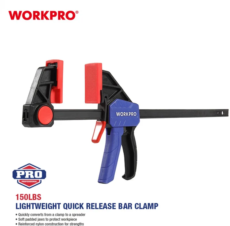 WP232036 – Snelspan Lijmklem – 300 mm – Omschakelbaar naar Spreider – Versterkt Nylon – 68 kg Klemdruk - Eenhandsklem de Workpro, Bleu – image du produit