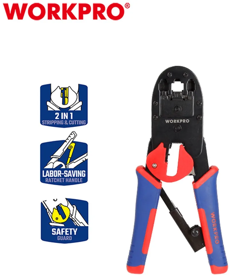 WP292001 Krimptang 5 in 1 met strip- en knipfunctie professioneel van Workpro, Blauw – productafbeelding