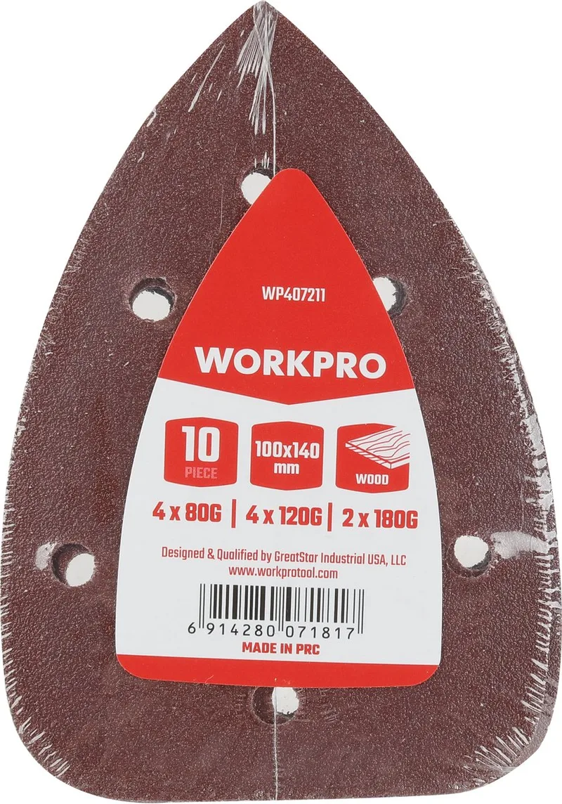 WP407211 – Schuurvellen Klittenband 90 × 140 mm – Set van 10 stuks – Korrel 80G / 120G / 180G – Aluminiumoxide de Workpro – image du produit