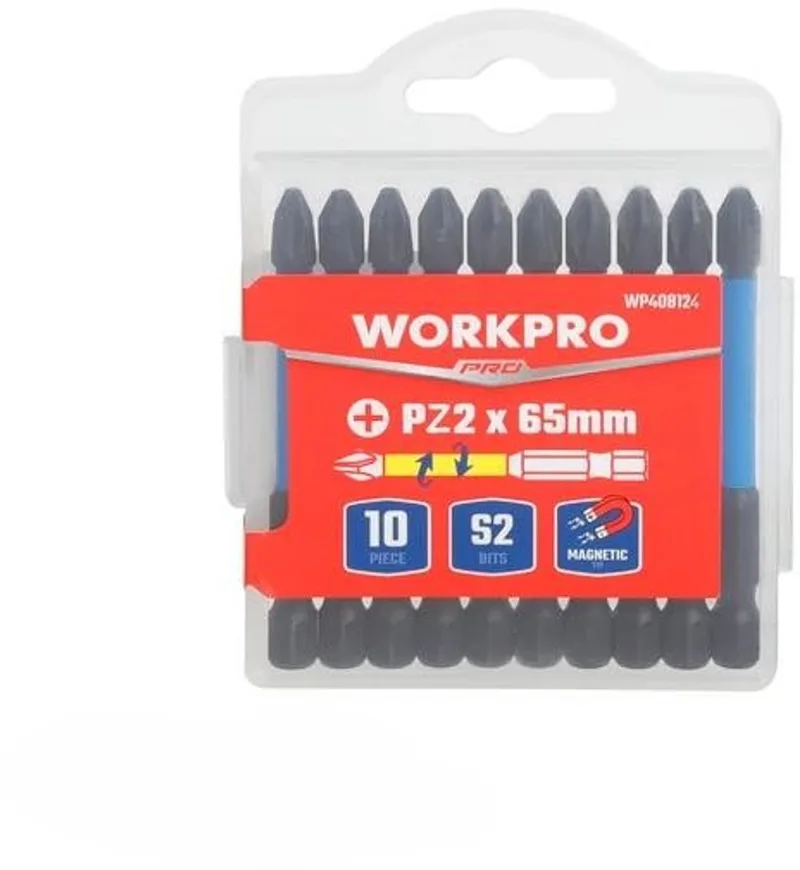 WP408124 – Schroefbitset PZ2 – 10 stuks – 65 mm – S2-staal – Magnetische punt – Quick-Change 1/4" van Workpro – productafbeelding