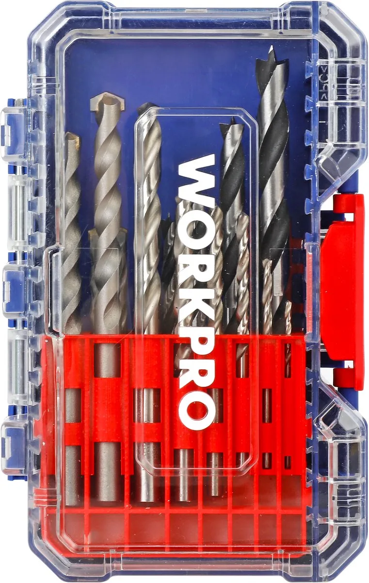 WP409011 Borenset 16-delig – Voor Hout, Metaal & Metselwerk | Inclusief Koppelbare Opbergbox (S) by Workpro – product image