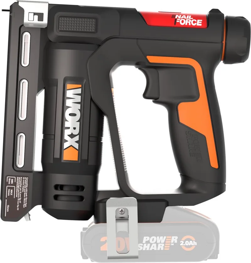 Akku-Tacker WX843.9 NailForce, für Nägel bis 15mm & Tackerklammer bis 14mm, ohne Akku und Ladegerät van Worx, Oranje, Zwart – productafbeelding 3 van 4
