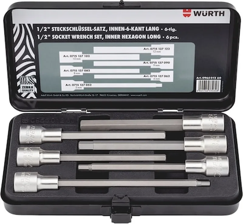 Assortiment dopsleutels 1/2 inch, binnenzeskant, lang 6-delig - Assortiment dopsleutels 1/2 inch, binnenzeskant, lang 6-delig x 1 st van Würth, Zilver – productafbeelding