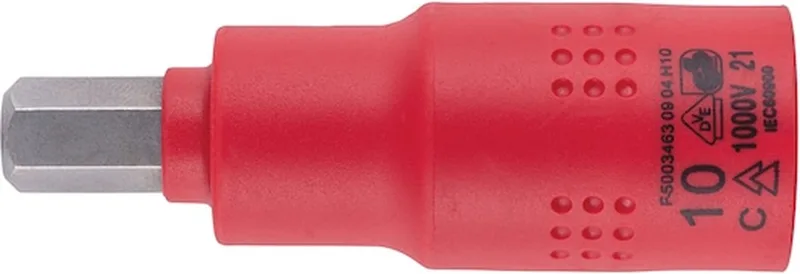 VDE dopsleutel 1/2 inch zeskant - Geïsoleerde VDE-dopsleutel 1/2 inch Voor binnenzeskantschroeven x 1 st Soort aandrijving Binnenvierkant Sleutelwijdte 10 mm by Würth, Red – product image