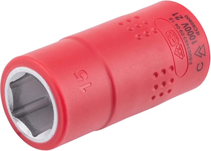VDE dopsleutel, 1C isolatie 1/2 inch zeskant - Geïsoleerde VDE-dopsleutel 1/2 inch Metrisch, zeskant, kort x 1 st Soort aandrijving Binnenvierkant Sleutelwijdte 15 mm by Würth, Red – product image