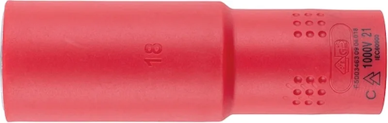 VDE dopsleutel 1C-isolatie 1/2 inch zeskant lang - VDE-dopsleutel 1/2 inch Metrisch, zeskant, lang x 1 st Soort aandrijving Binnenvierkant Sleutelwijdte 18 mm by Würth, Red – product image