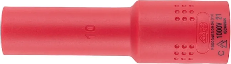VDE dopsleutel 1C-isolatie 1/2 inch zeskant lang - VDE-dopsleutel 1/2 inch Metrisch, zeskant, lang x 1 st Soort aandrijving Binnenvierkant Sleutelwijdte 10 mm von Würth, Rot – Produktbild