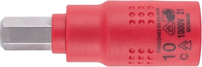 VDE dopsleutel 3/8 inch zeskant - VDE 3/8 inch dopsleutel, binnenzeskant x 1 st Soort aandrijving Binnenvierkant Sleutelwijdte 10 mm von Würth, Rot – Produktbild