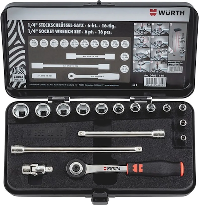 Wurth - 1/4 inch dopsleutels Assortiment met 16 stuks - 1/4 inch dopsleutels Assortiment met 16 stuks x 1 st de Würth, Rouge – image du produit