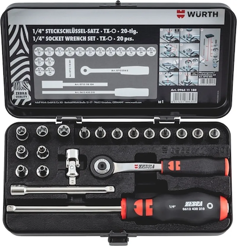 Wurth - 1/4 inch dopsleutels Assortiment met 20 stuks - 1/4 inch dopsleutels Assortiment met 20 stuks x 1 st by Würth, Red – product image