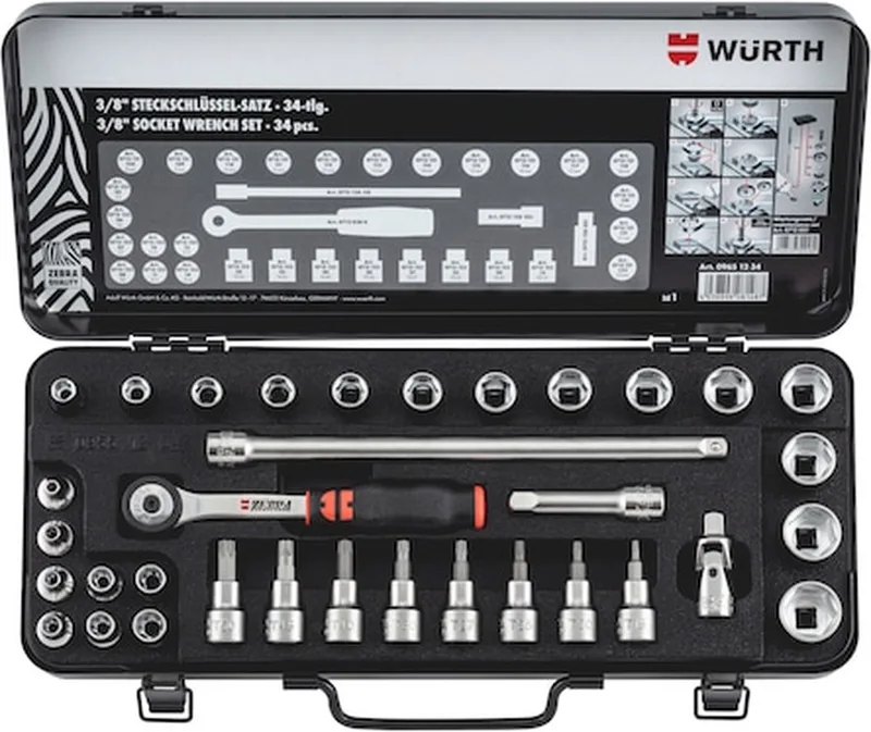 Wurth - 3/8 inch dopsleutels Assortiment met 34 stuks - 3/8 inch dopsleutels Assortiment met 34 stuks x 1 st de Würth, Noir – image du produit