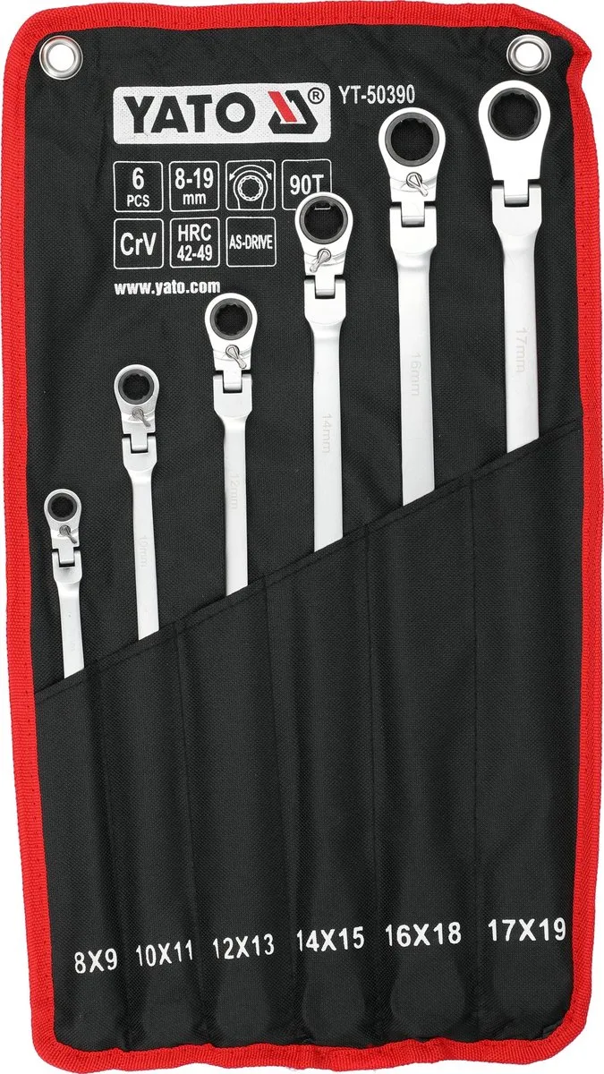 6-Delige Extra Lange Ring-Ratel-Sleutelset met Kantelbare Kop – 90-Tands – Chrome-Vanadium Staal – AS-Drive Profiel – Dubbele Maten 8 t/m 19 mm von Yato, Metaakleurig – Produktbild