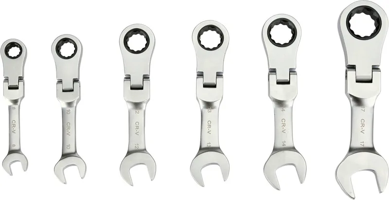 6-Delige Korte Steek-Ratel-Sleutelset met Kantelbare Kop – 90-Tands – Chrome-Vanadium Staal – AS-Drive Profiel – Maten 8 t/m 17 mm de Yato, Noir – image du produit