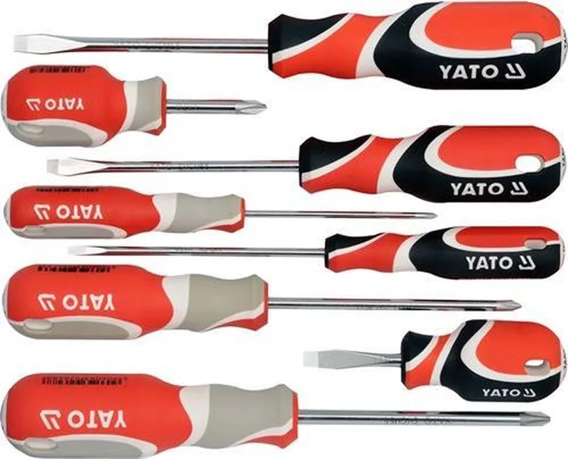 8-Delige Schroevendraaierset – CrMo Staal – Plat & Kruiskop (PH) – Magnetische Punten – Ergonomische Driehoekige Handgreep met Ophangoog von Yato, Rot – Produktbild