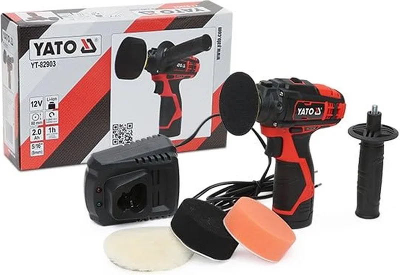 Accu Polijstmachine 12V - 2-Speed Haakse Polijst- en Schuurmachine - 80 mm Steunschijf - Inclusief 2.0 Ah Accu, Snellader & 3 Polijstschijven - Draadloos Roterende Machine voor Autolak, Bumpers & Koplampen van Yato – productafbeelding 1 van 5