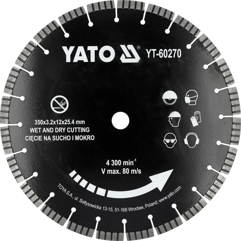 Diamantschijf - Ø 350 mm - Asgat 25.4 mm - Segment 12 mm - Droog & Nat Zagen - Gewapend Beton & Steen de Yato – image du produit