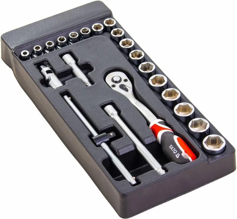 Doppenset met ratel - Opname 3/8`` - 22-delig - 38 x 17 x 4 cm de Yato, Rouge, Noir – image du produit