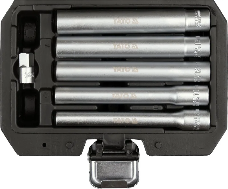 Extra Lange Dopsleutel Set 120 mm – 5-Delig (8, 10, 12, 13, 14 mm) – Voor Handremkabel, Bumpers & Carrosserie – Zeskant CrV – Met Adapter & Koffer de Yato – image du produit