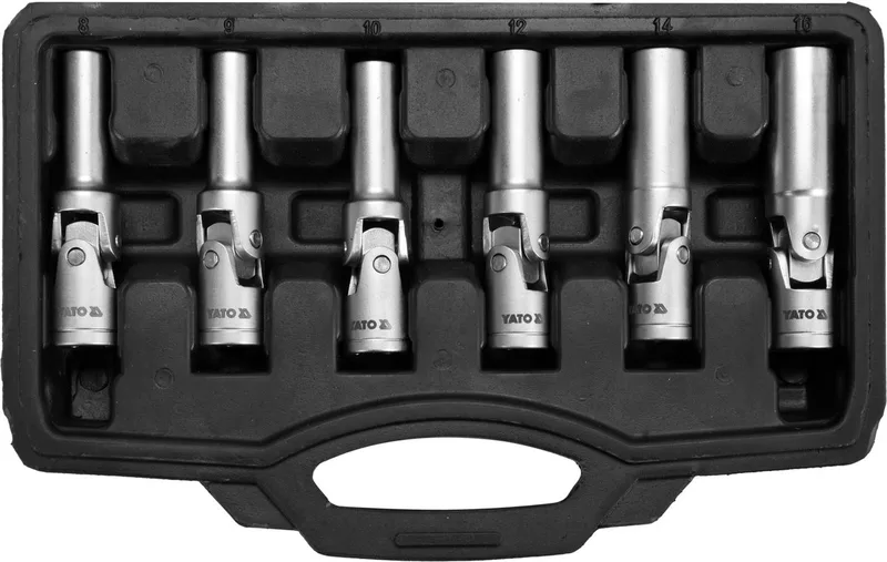 Gloeibougie Doppenset met Gewricht - 6-Delig - 8 t/m 16 mm - 3/8" Drive - Met Rubber Inlay - CrV in Koffer de Yato, Noir – image du produit