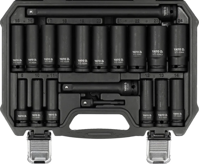 Lange Krachtdoppenset 1/2" – 19-Delig – CrMo Staal – Met Verlengstukken & Bit-Adapter – AS-Drive – Impact Doppen fra Yato, Sort – produktbillede