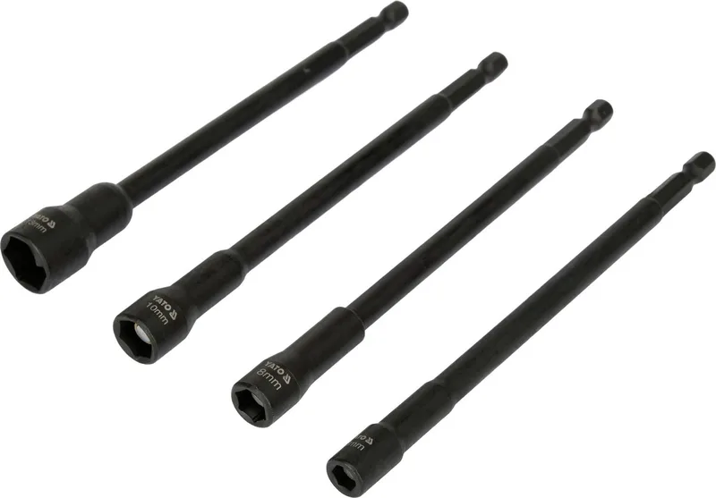Lange Magnetische Doppenset - 4-Delig (6, 8, 10, 13 mm) - Lengte 150 mm - 1/4" Hex Aansluiting voor Accuboormachine - CrV Staal - Magnetische Dopadapters voor Zeskantbouten en Moeren fra Yato, Sort – produktbillede
