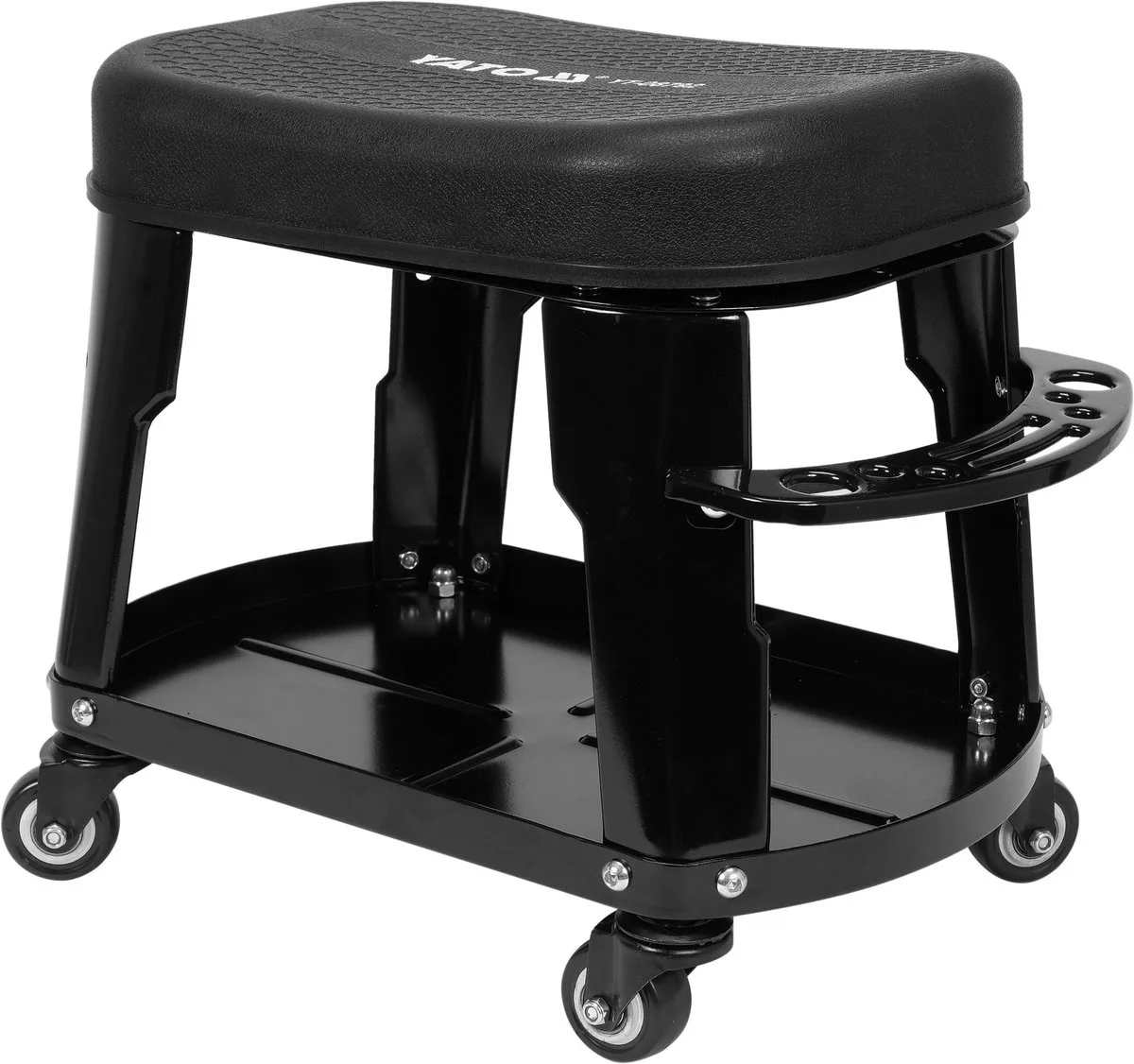 Multifunctionele Mobiele Werkplaatskruk 2-in-1 – Rolkruk met Gereedschapsvak – Uitneembaar Kniekussen / Kniebank – Max. 140 kg – Werkplaatsstoel de Yato, Noir – image du produit