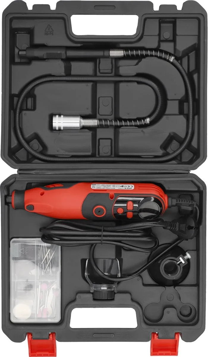 Multitool 130W met Buigzame As & LED-verlichting - Regelbaar Toerental (10.000 - 35.000 RPM) - Inclusief 82 Accessoires & Bovenfrees Hulpstuk - Roterende Multitool voor Graveren, Slijpen, Polijsten, Frezen & Boren - Mini Schuurmachine Kompleet de Yato – image du produit