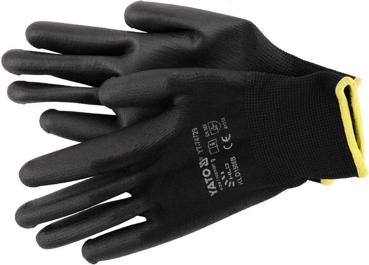 Nylon Werkhandschoenen - Zwart - PU-coating by Yato, Black, 9 – product image