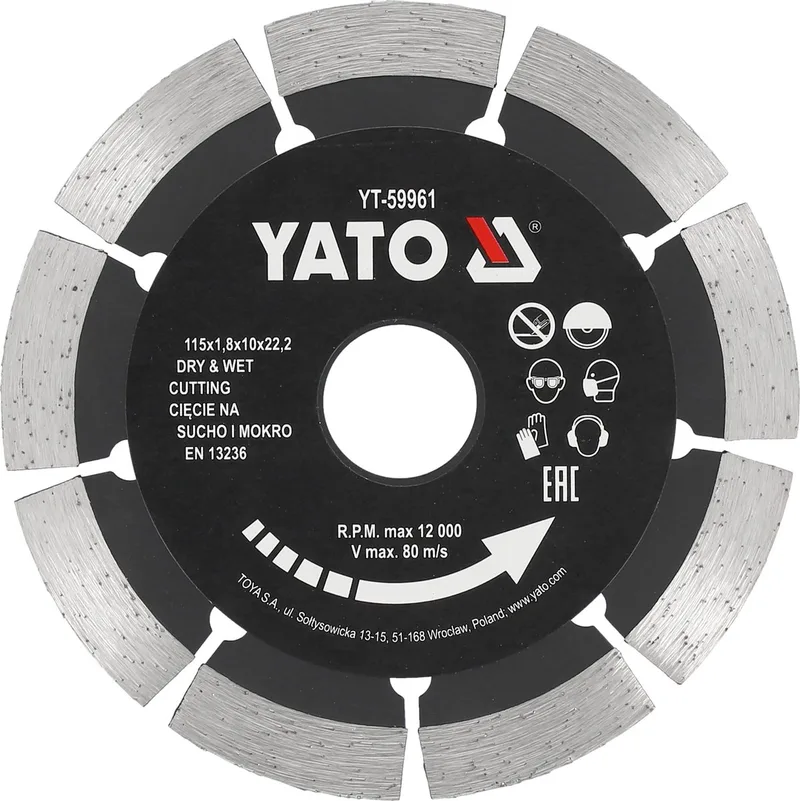 Professionele Diamantschijf voor Droog Gebruik - 10 mm Segment - Diamant Zaagblad voor Haakse Slijper - Snel & Strak Zagen in Vers Beton, Kalkzandsteen, Silka & Baksteen - Diamantslijpschijf by Yato – product image
