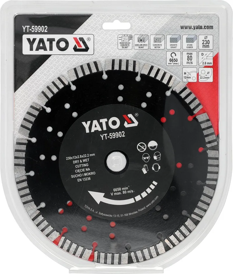 Professionele Diamantschijf voor Haakse Slijper - 230 mm - Asgat 22.2 mm - Segmenthoogte 12 mm - Diamant Zaagschijf voor Gewapend Beton, Baksteen, Graniet & Natuursteen - Droog en Nat Zaagen de Yato – image du produit