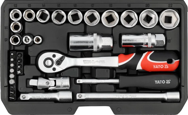 Professionele Doppenset 1/4" & 3/8" inch – Chrome-Vanadium & S2 Staal – Fijnvertande Ratel 72 Tanden – Universele Gereedschapsset met AS-Drive en Slagvaste Koffer by Yato, Black – product image