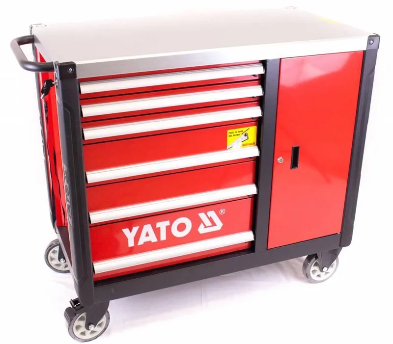 Professionele Gereedschapswagen met Werkbank – 6 Kogelgelagerde Lades & Kast met Slot – Metalen Werkblad (600 kg) – Mobiele Werkplaatswagen van Yato, Rood – productafbeelding
